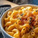A bowl of creamy high protein mac and cheese topped with black pepper