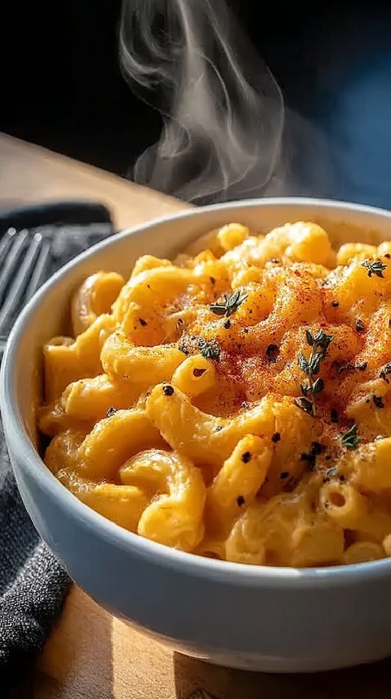 A bowl of creamy high protein mac and cheese topped with black pepper