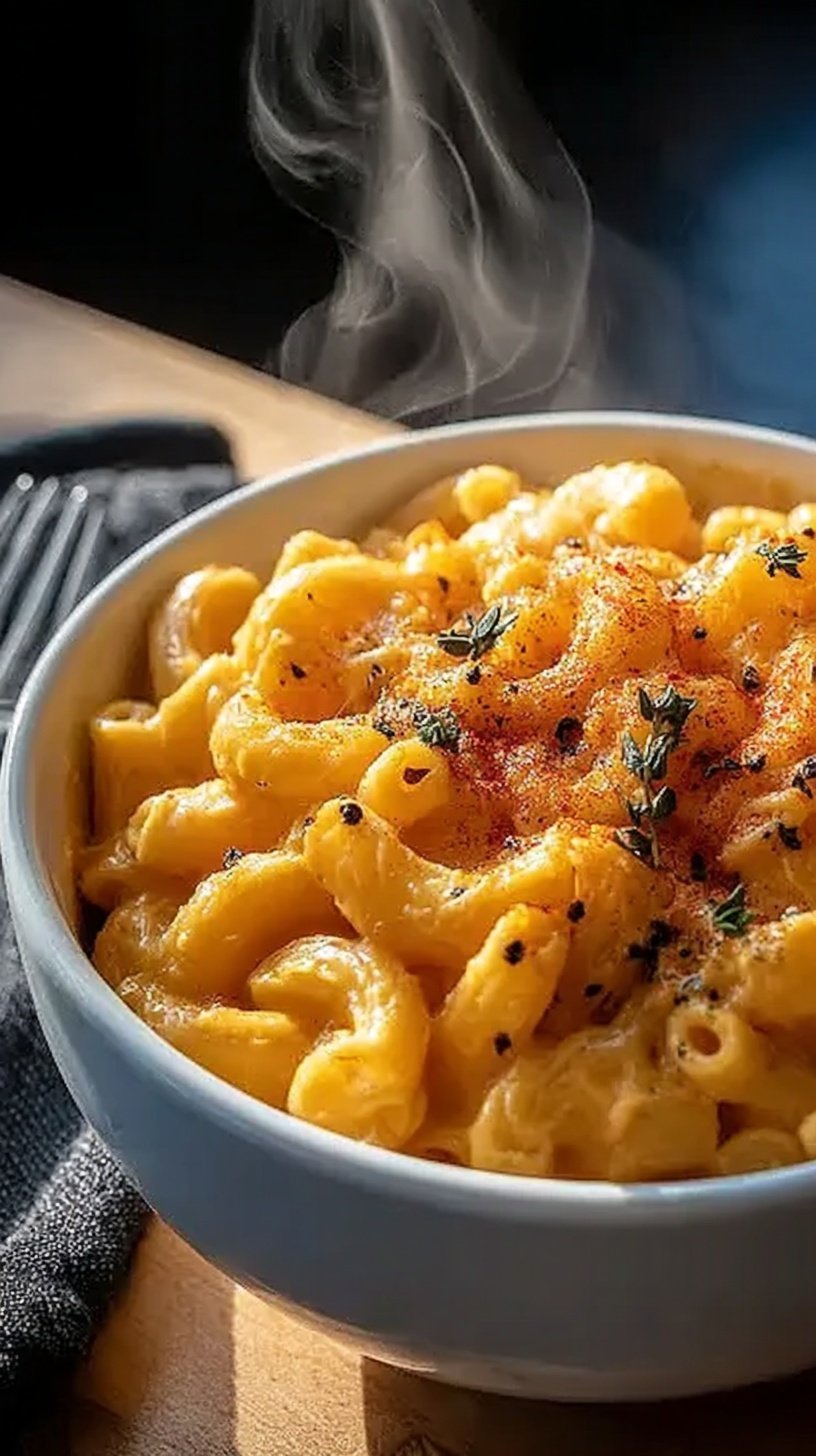 A bowl of creamy high protein mac and cheese topped with black pepper