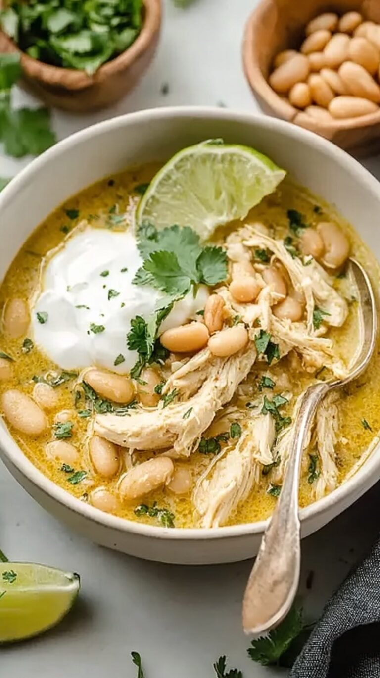 A white bowl filled with creamy white chicken chili topped with cilantro and avocado