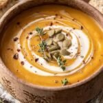 A bowl of creamy orange butternut squash soup topped with herbs and served with bread.