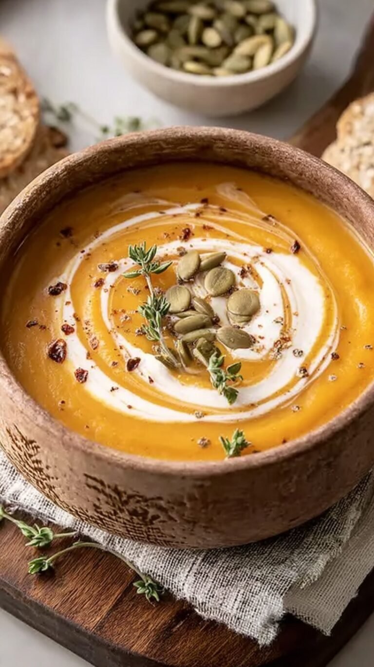 A bowl of creamy orange butternut squash soup topped with herbs and served with bread.