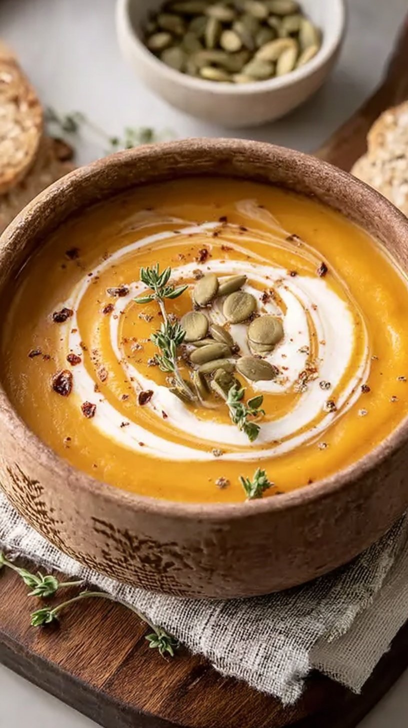 A bowl of creamy orange butternut squash soup topped with herbs and served with bread.