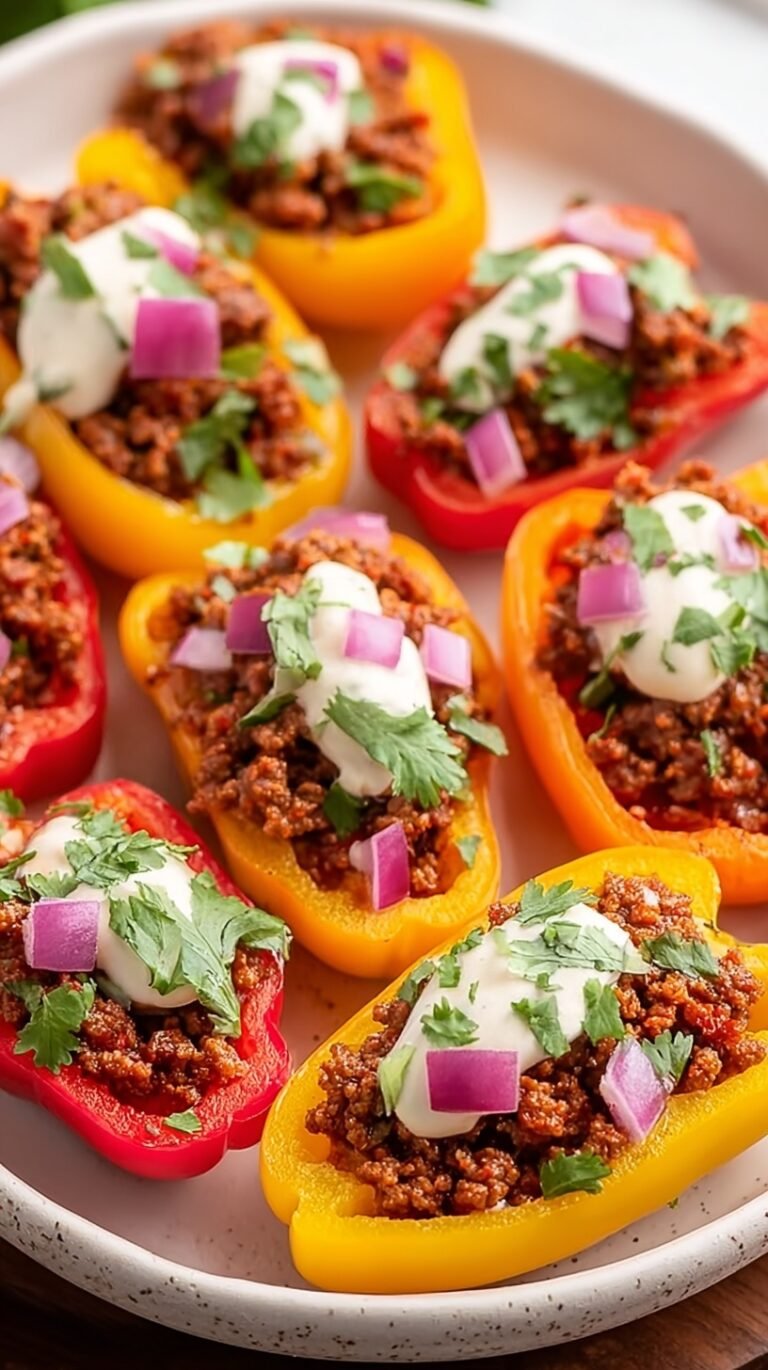 A colorful platter of mini sweet peppers topped with ground turkey, melted cheese, and fresh avocado.