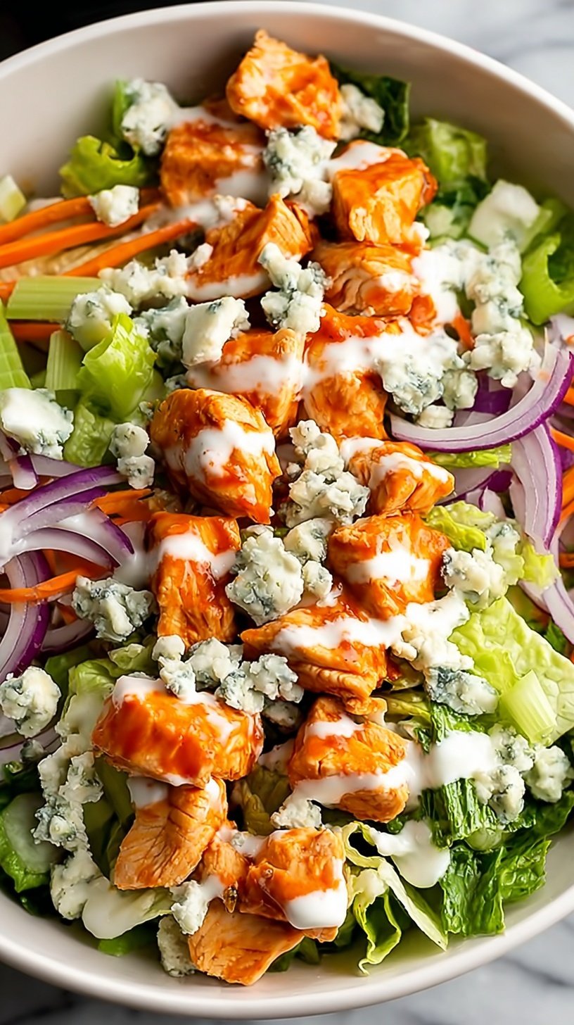 A fresh buffalo chicken chopped salad with blue cheese and ranch dressing in a white bowl