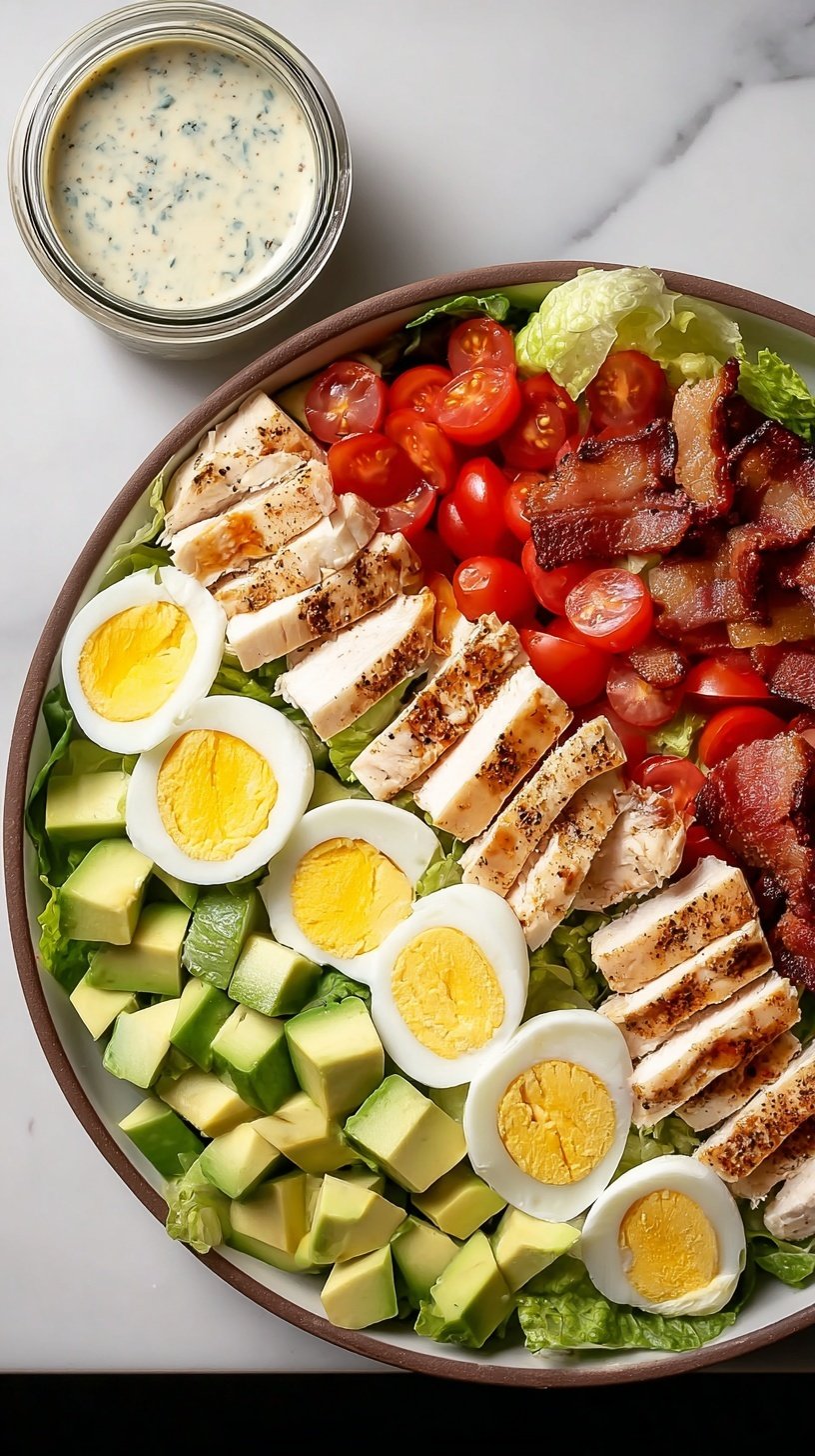 A colorful Protein Packed Cobb Salad arranged in neat rows with chicken, eggs, and avocado