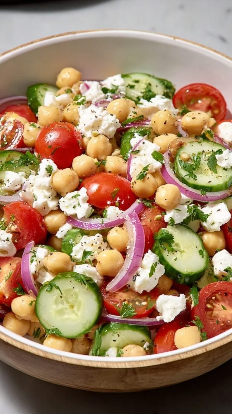 A colorful Mediterranean Chickpea Salad with cucumbers, tomatoes, and feta in a large bowl