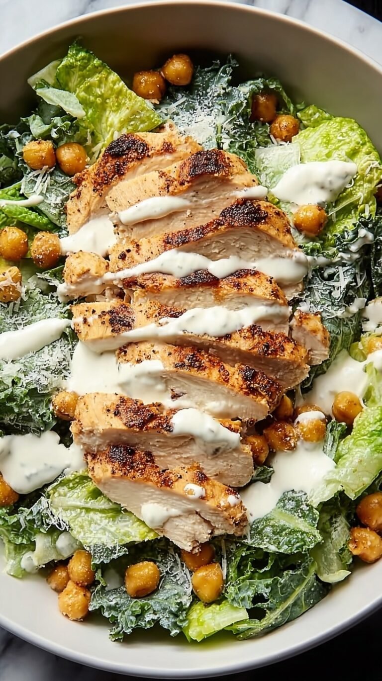 Grilled chicken breast slices over fresh romaine lettuce with parmesan and creamy dressing