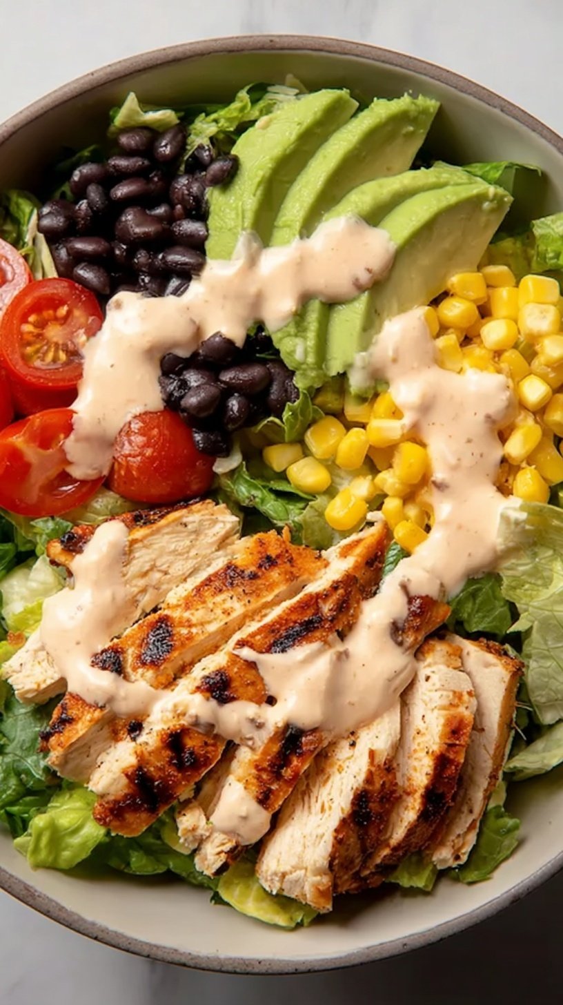 A colorful Southwest chicken taco salad in a bowl with grilled chicken, avocado, and creamy dressing
