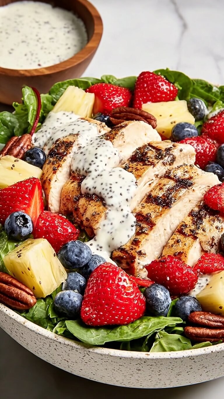 A vibrant bowl of High Protein Strawberry Poppyseed Salad with grilled chicken, fresh strawberries, and creamy dressing
