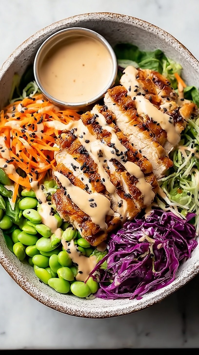 A colorful sesame ginger chicken salad with grilled chicken, purple cabbage, and julienned carrots in a large bowl.