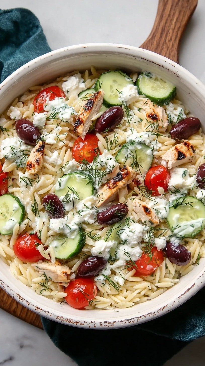 A colorful Greek orzo salad with diced chicken, feta cheese, and fresh vegetables in a large white bowl.