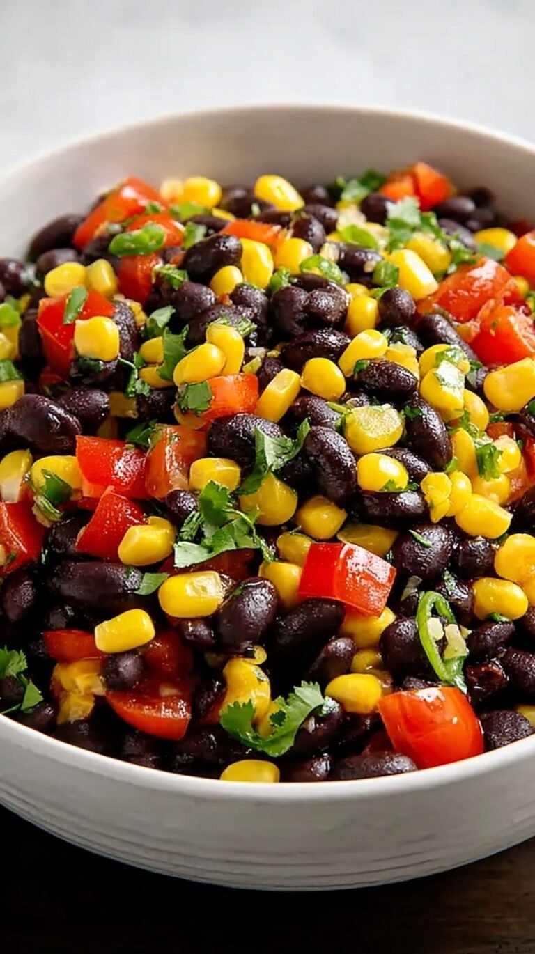 A colorful bowl of black bean salad with corn, red peppers, and avocado