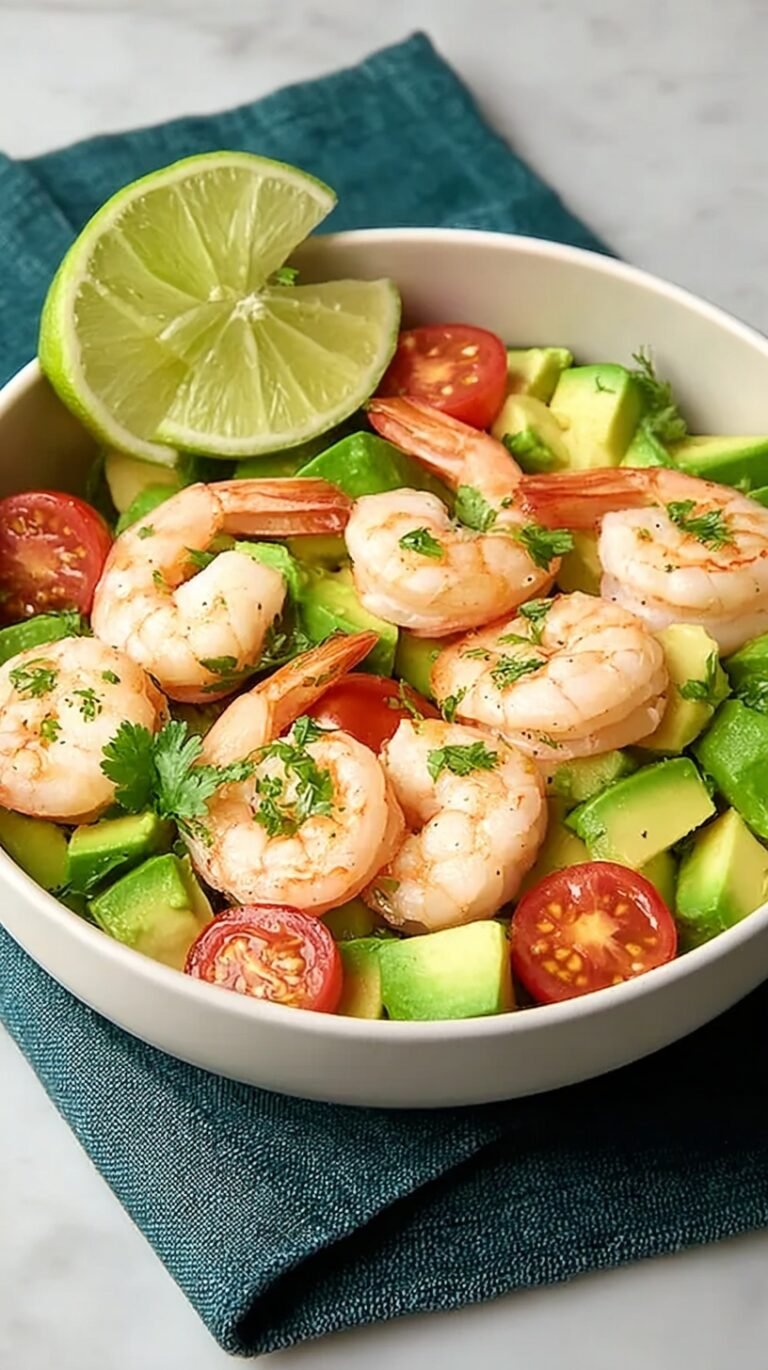 A fresh bowl of shrimp avocado salad with cucumber and red onion served over baby spinach.