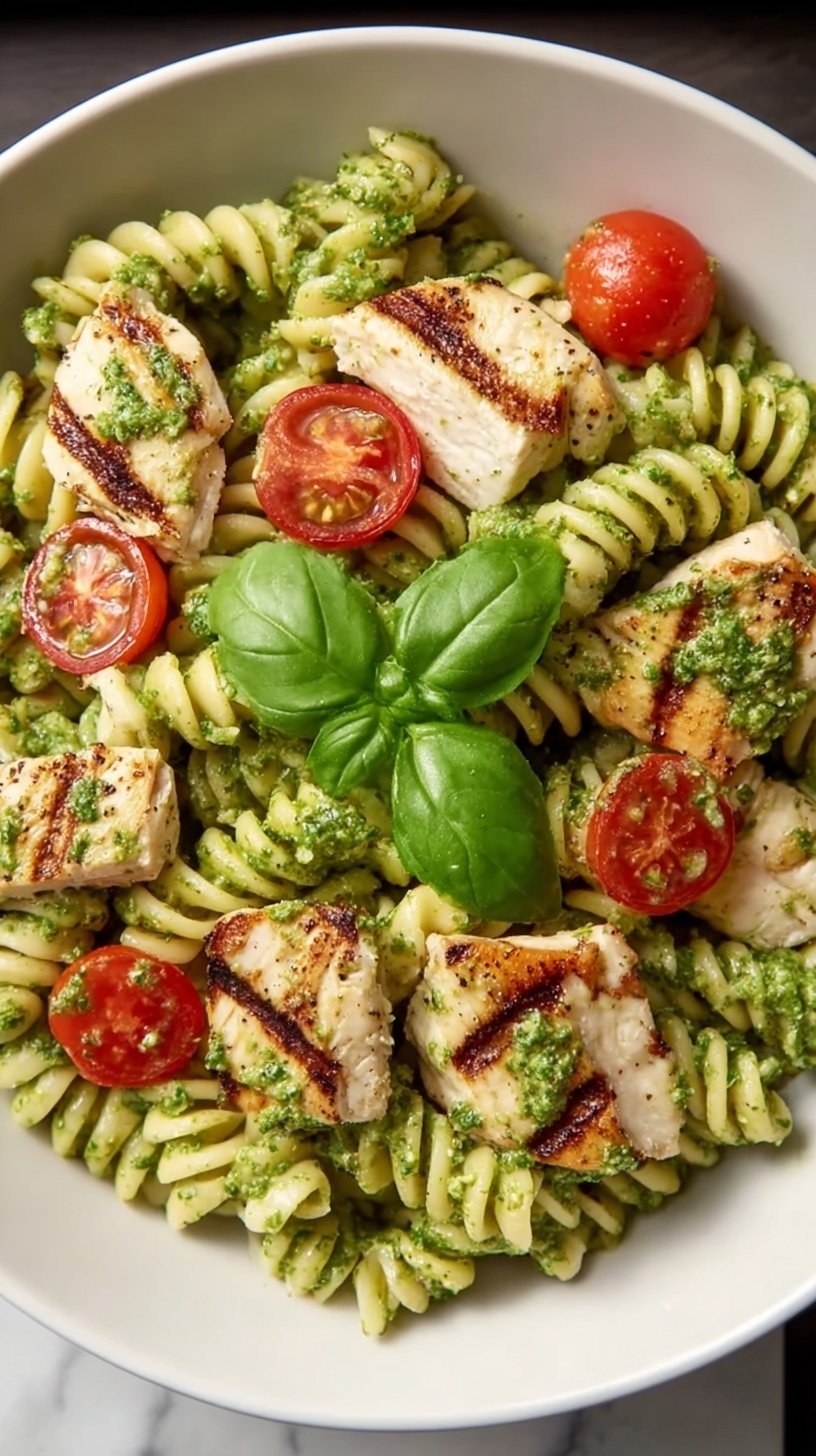 A bowl of high protein chicken pesto pasta salad with cherry tomatoes and spinach