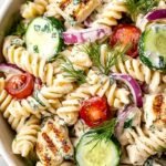 A colorful bowl of high protein pasta salad with chicken, edamame, and chickpea pasta.