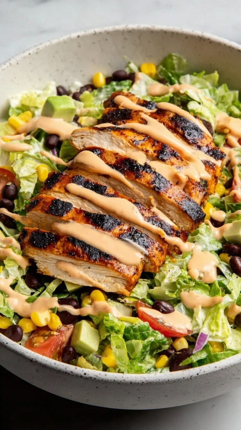 A colorful chopped salad with grilled chicken, black beans, corn, and BBQ ranch dressing in a white bowl.