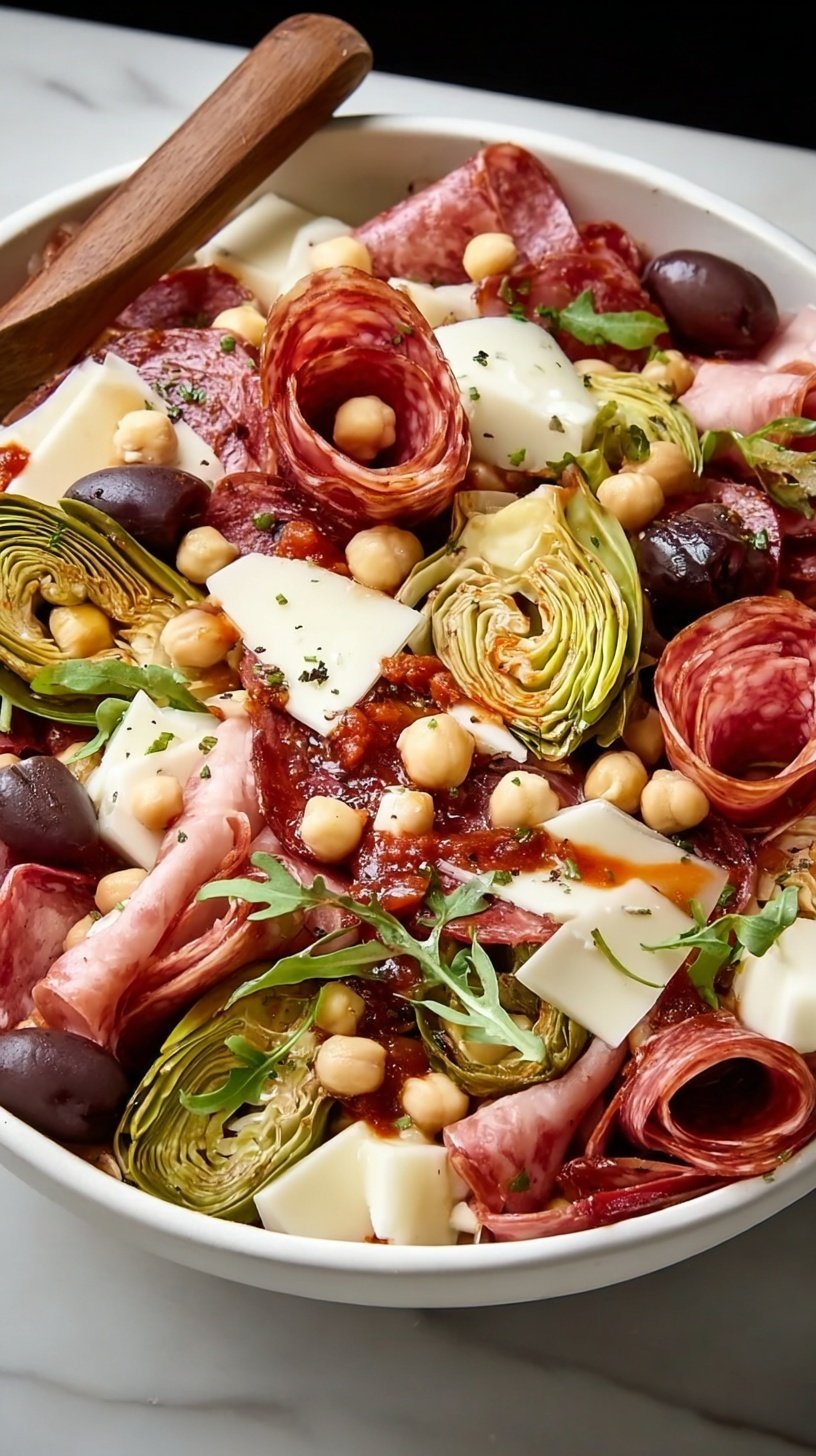 A large glass bowl filled with Italian Antipasto Salad including salami, mozzarella pearls, and artichokes.
