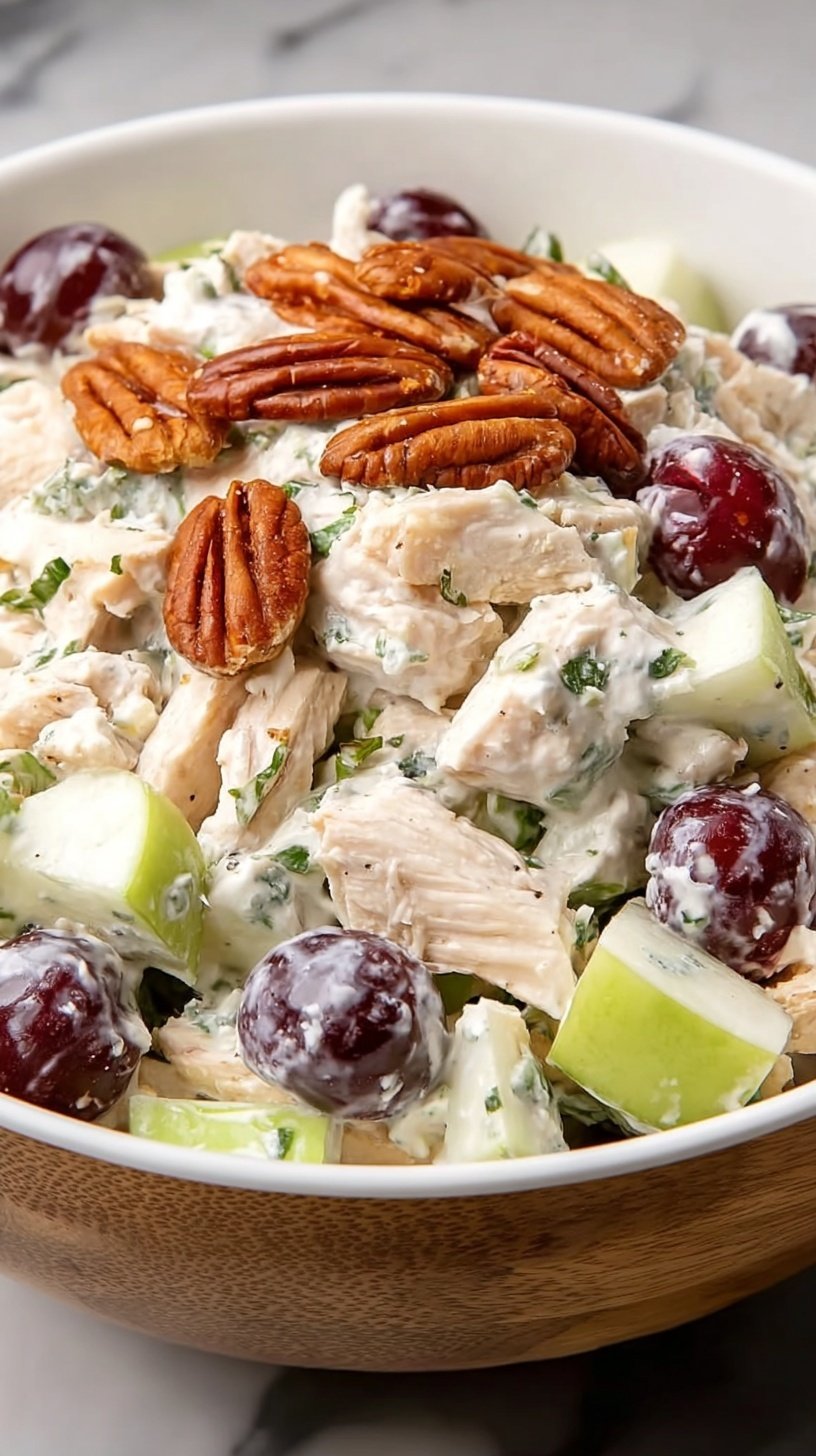 A bowl of creamy Sonoma chicken salad with red grapes, pecans, and poppy seeds.