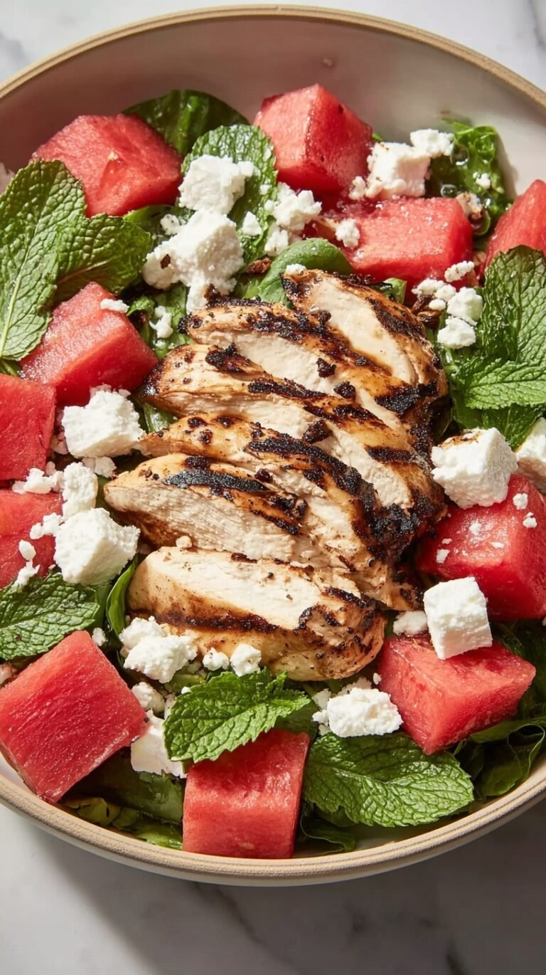 A fresh bowl of cubed watermelon, grilled chicken, and feta cheese with mint leaves.