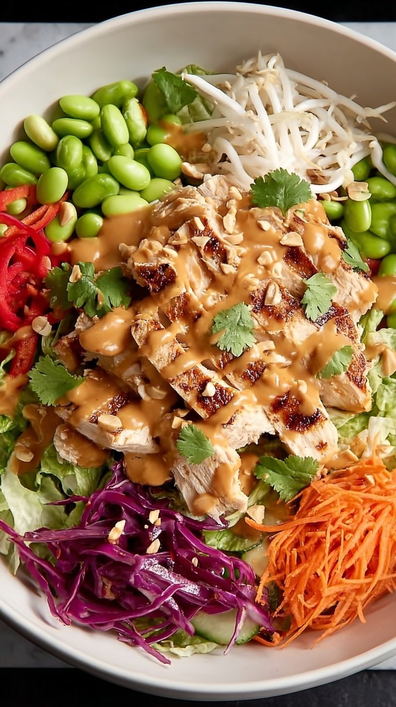 A colorful bowl of Thai Peanut Chicken Salad with shredded cabbage, carrots, and peanut dressing.