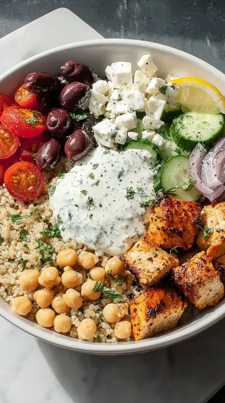 A vibrant Mediterranean power bowl with grilled chicken, quinoa, chickpeas, and fresh vegetables drizzled with tahini dressing.