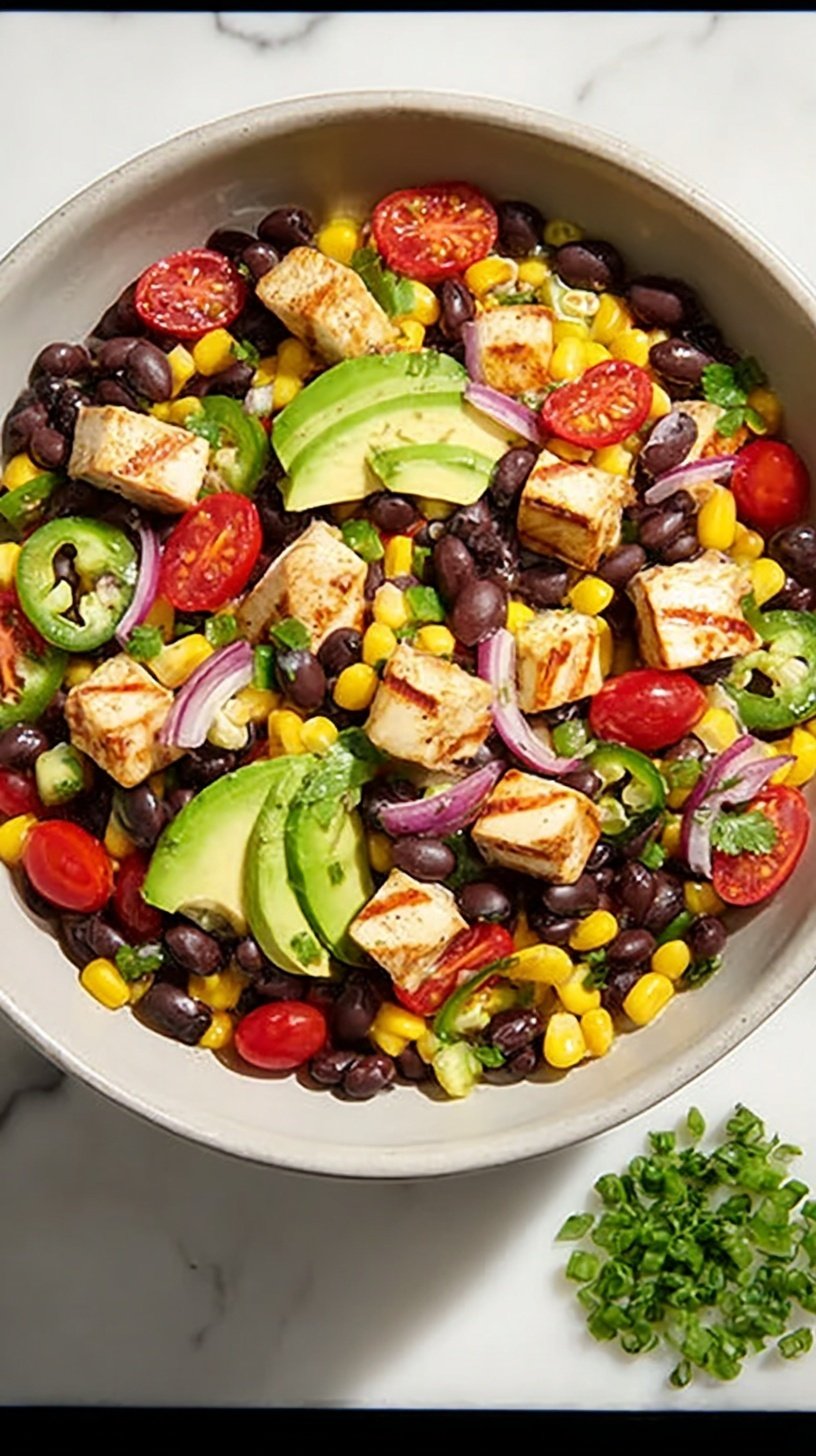 A colorful bowl of high protein cowboy caviar with black beans, edamame, and avocado
