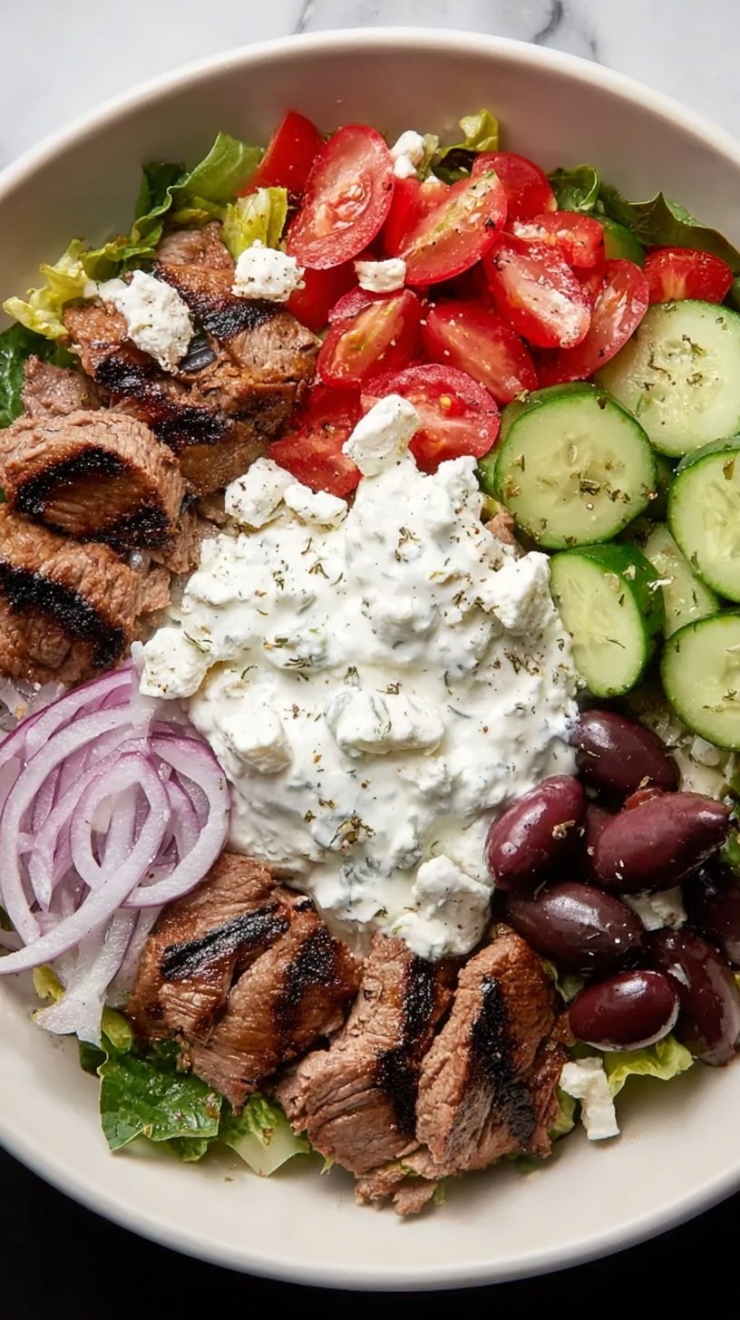 A fresh Greek Gyro Salad with spiced lamb strips, feta cheese, and creamy tzatziki dressing in a white bowl.