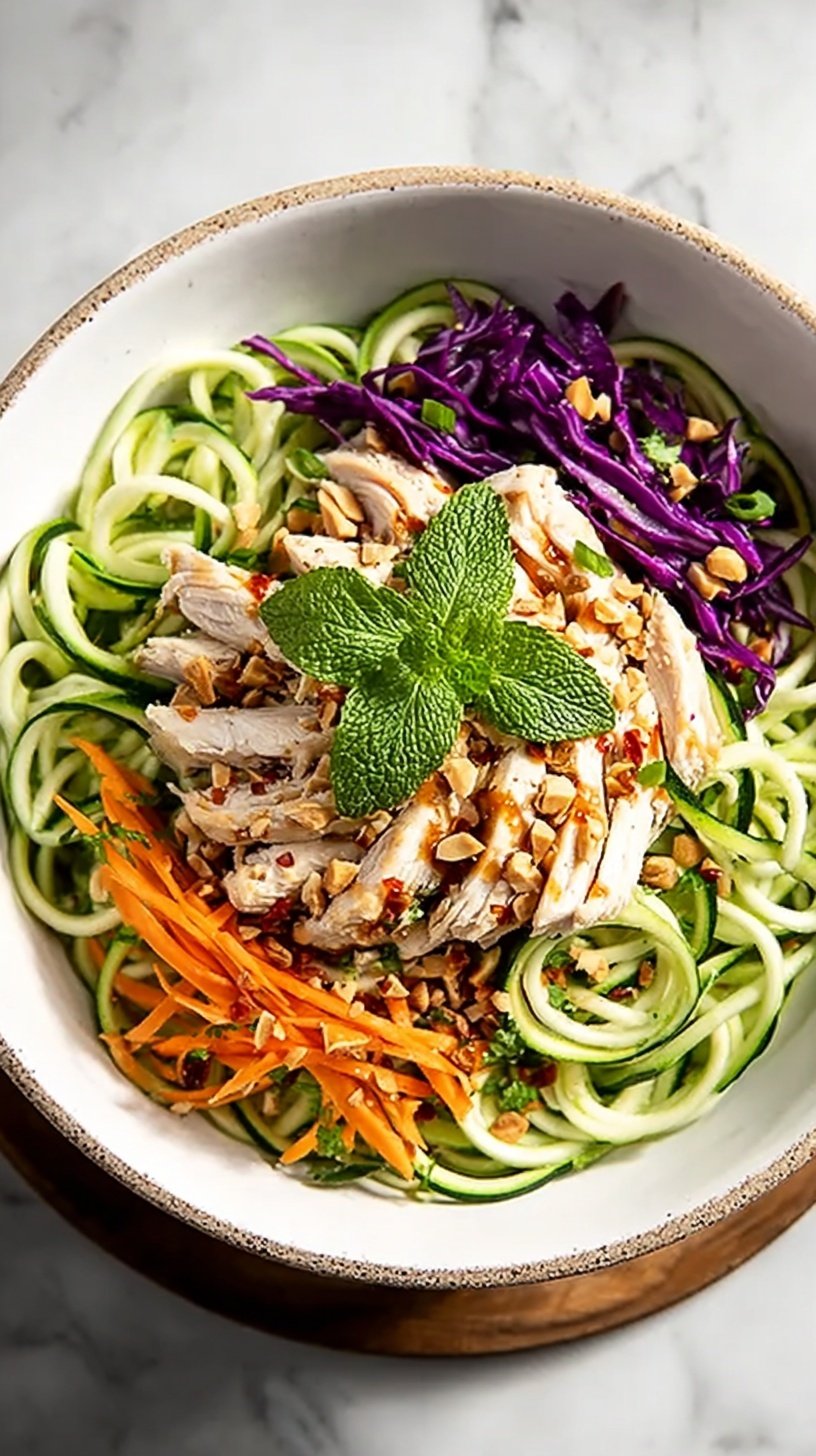 A colorful bowl of Vietnamese Chicken Zoodle Salad topped with fresh herbs and crushed peanuts.