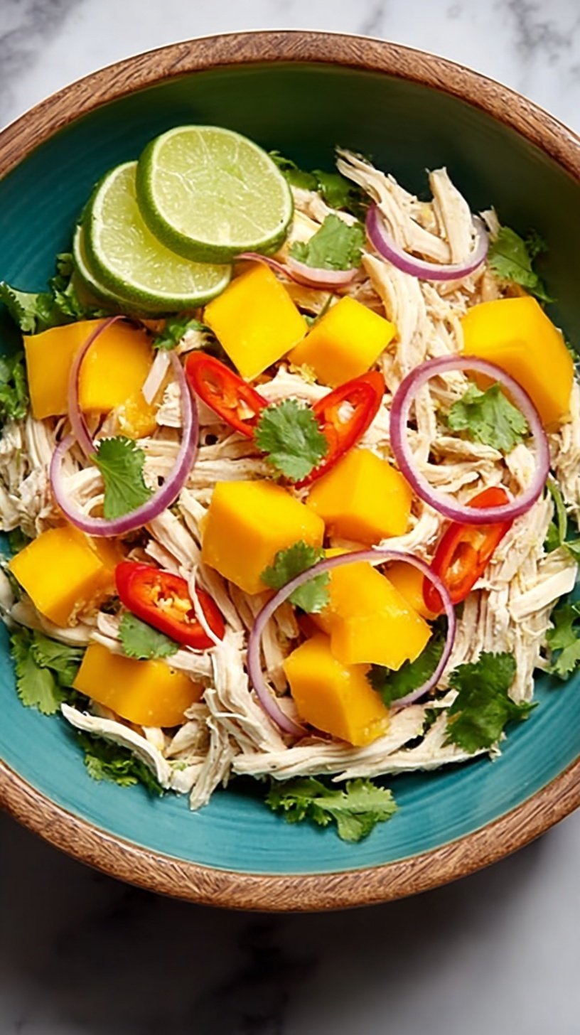 A vibrant bowl of shredded chicken salad with julienned mango, red peppers, and cilantro in a lime dressing.