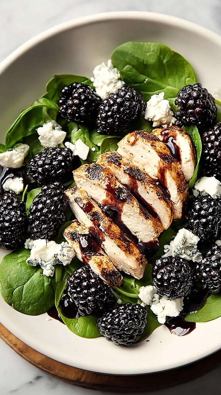 A fresh bowl of high protein blackberry salad with grilled chicken and goat cheese