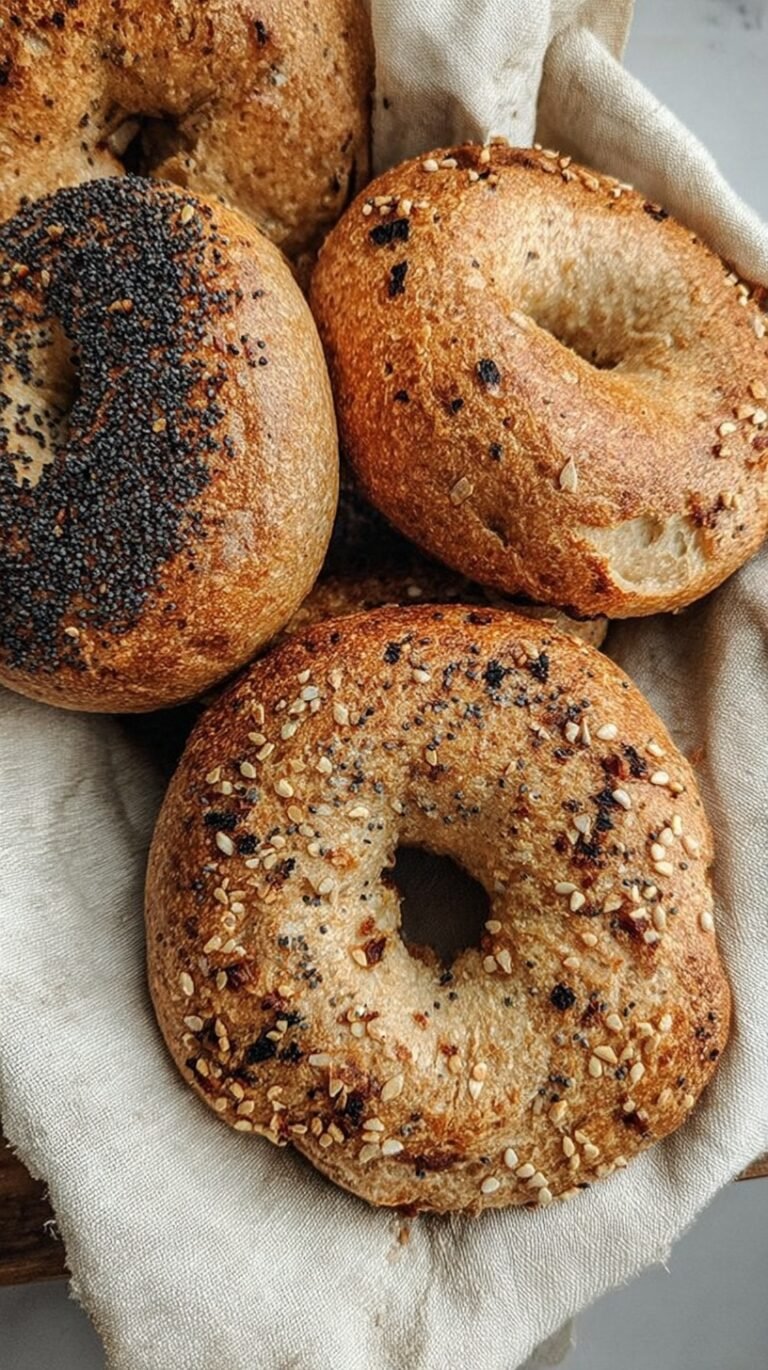 Four golden brown whole wheat bagels resting on a wire cooling rack