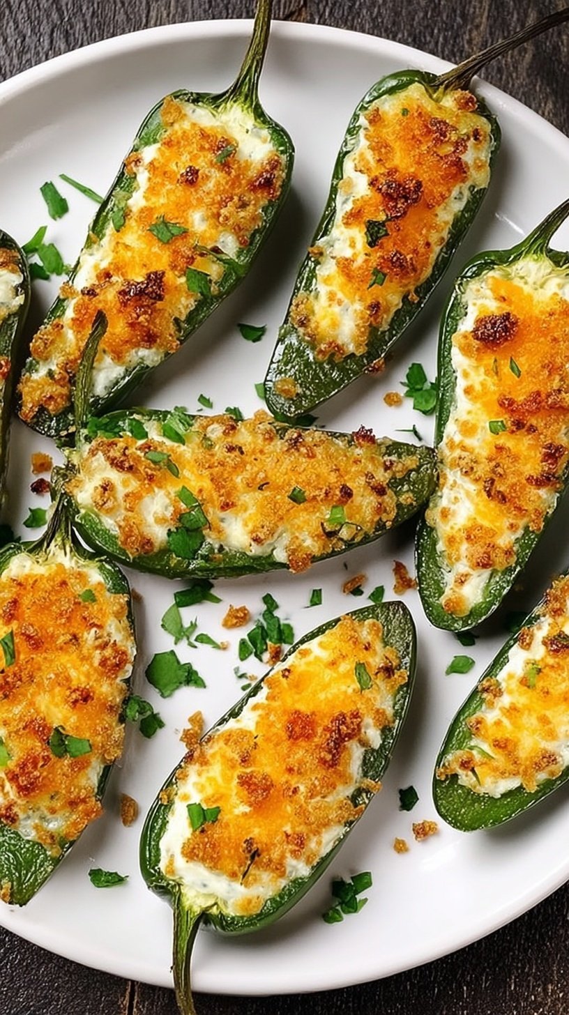 A tray of golden brown baked jalapeño poppers topped with crushed tortilla chips and fresh cilantro.