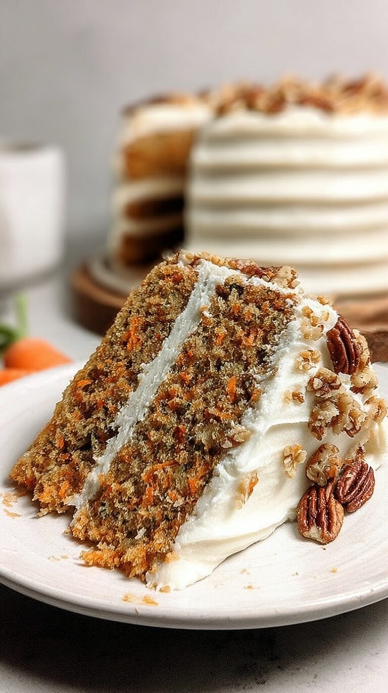 A slice of healthy carrot cake with thick white yogurt frosting and chopped walnuts on a white plate.