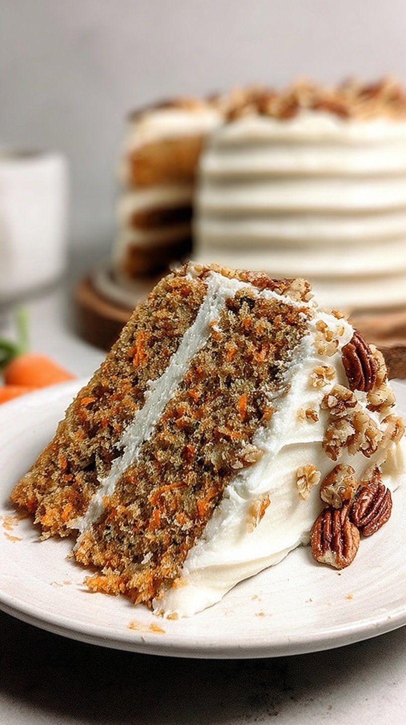 A slice of healthy carrot cake with thick white yogurt frosting and chopped walnuts on a white plate.