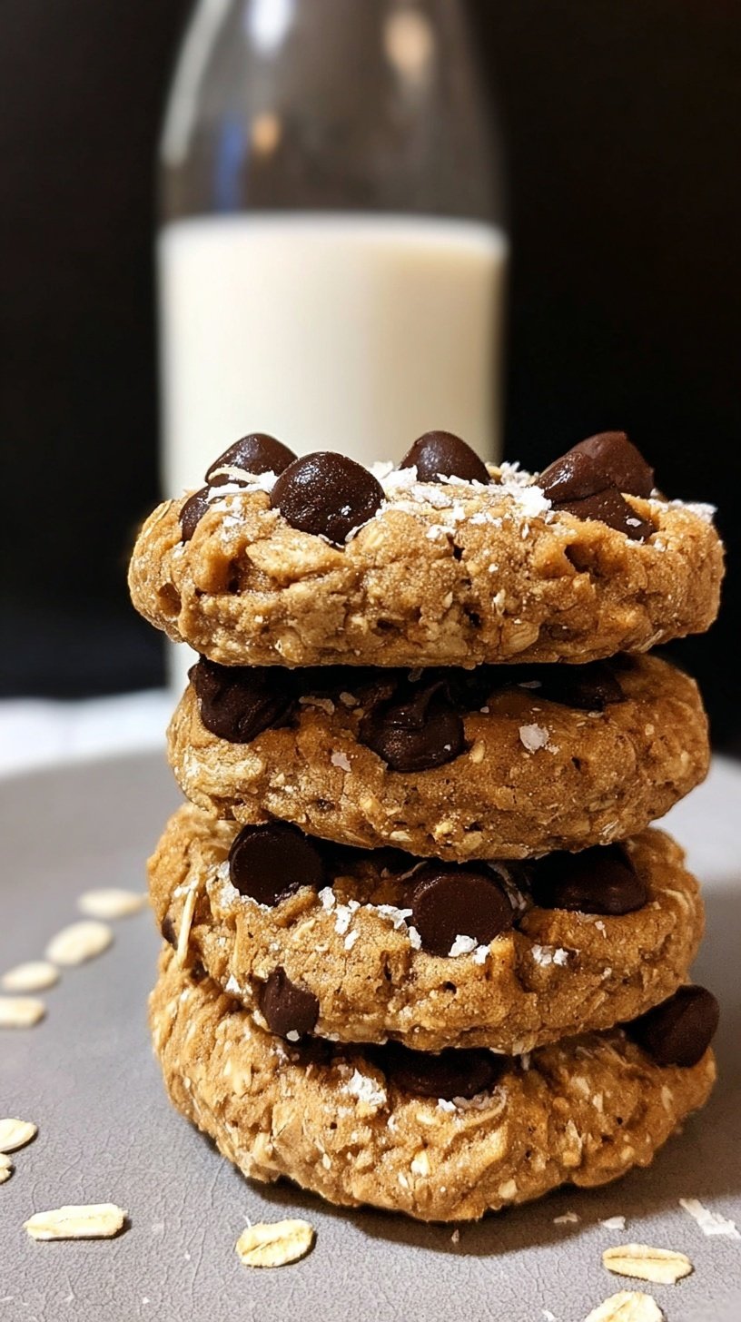 A stack of thick and chewy oatmeal cookies made with powdered peanut butter on a parchment-lined baking sheet.