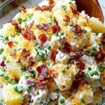 A large bowl of creamy potato salad topped with shredded cheddar cheese, crispy bacon bits, and green onions.