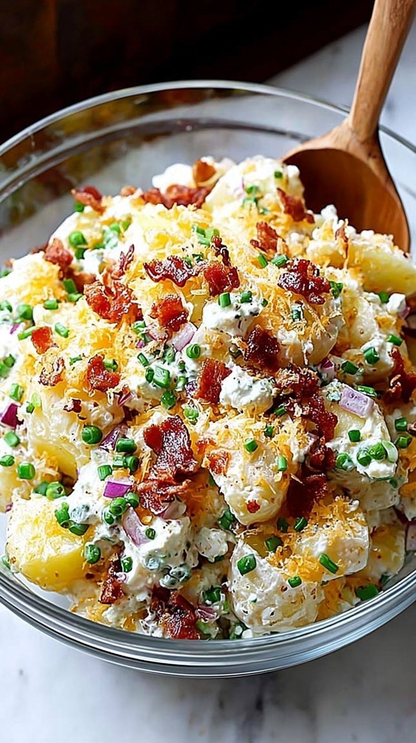 A large bowl of creamy potato salad topped with shredded cheddar cheese, crispy bacon bits, and green onions.