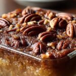 A golden brown Pecan Pie Dump Cake in a glass baking dish with a scoop of melting ice cream on top.