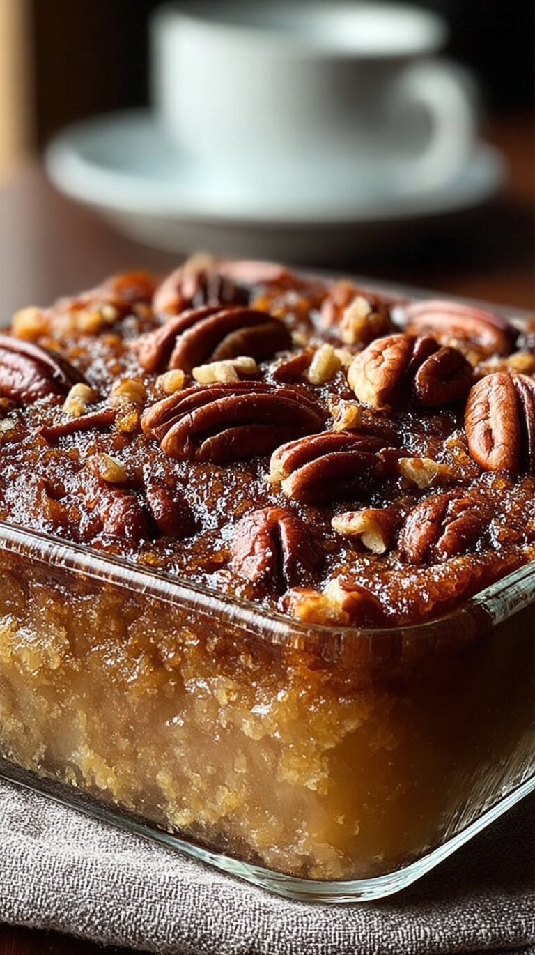 A golden brown Pecan Pie Dump Cake in a glass baking dish with a scoop of melting ice cream on top.