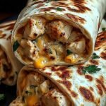 A golden-brown toasted chicken wrap sliced diagonally to show melted cheese and seasoned chicken
