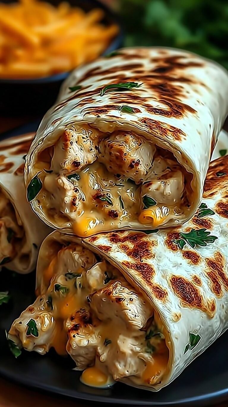 A golden-brown toasted chicken wrap sliced diagonally to show melted cheese and seasoned chicken