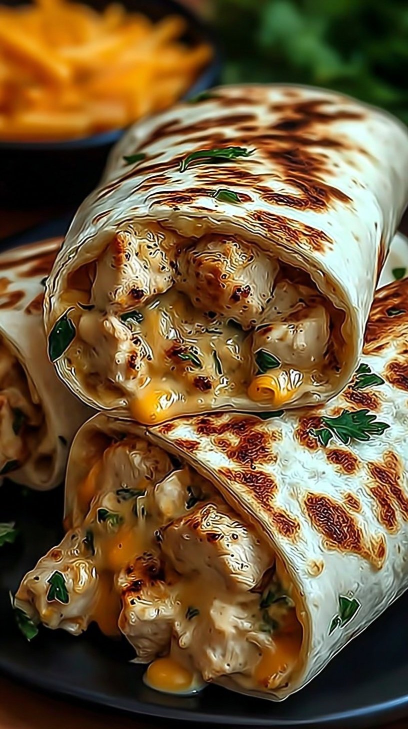 A golden-brown toasted chicken wrap sliced diagonally to show melted cheese and seasoned chicken