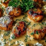 Golden seared chicken thighs nestled in a bed of creamy white rice with fresh parsley garnish