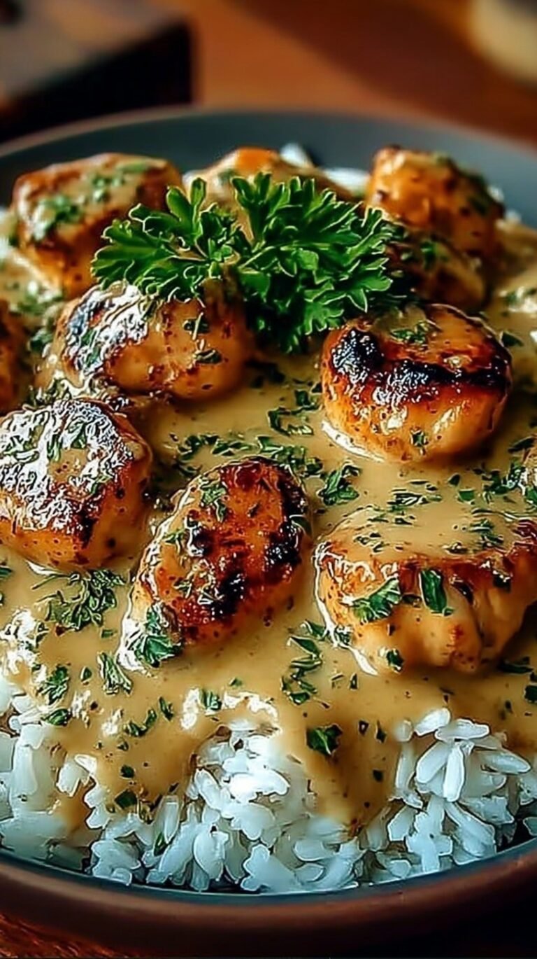 Golden seared chicken thighs nestled in a bed of creamy white rice with fresh parsley garnish