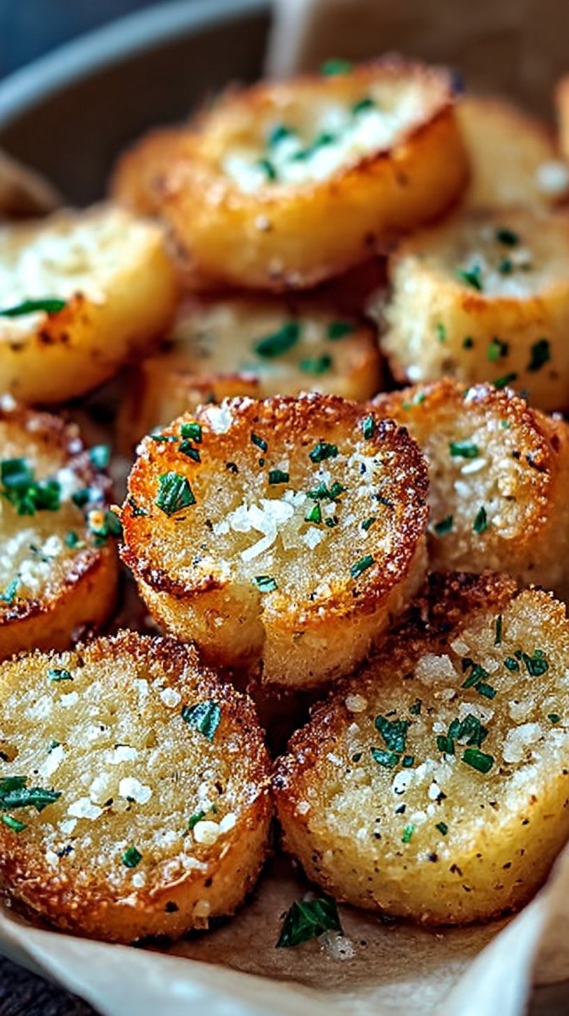 Golden brown garlic bread bites tossed in herbs and parmesan cheese in a white bowl