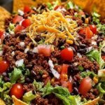 A large glass bowl filled with colorful Doritos Taco Salad featuring ground beef, cheese, and crushed chips.