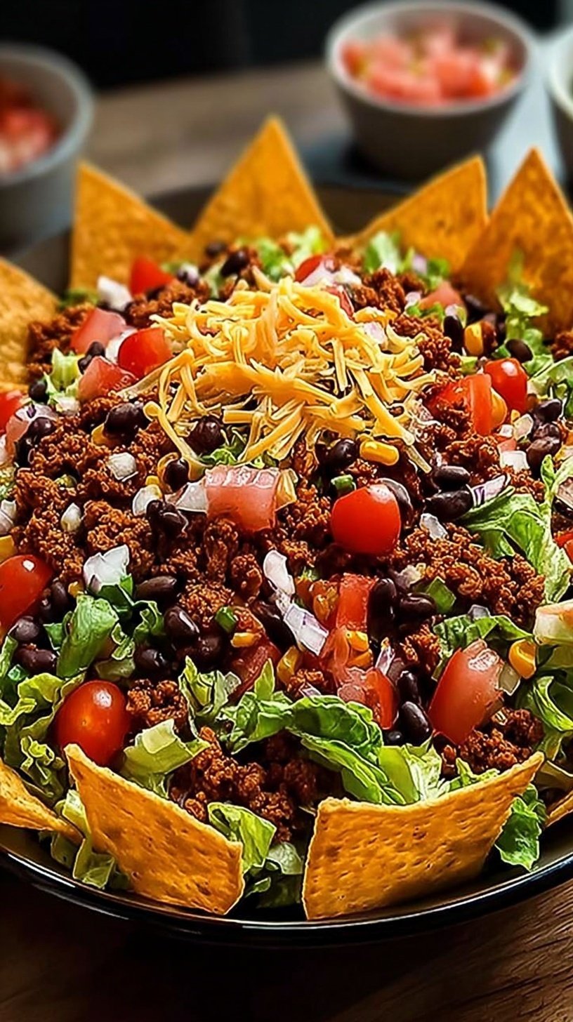A large glass bowl filled with colorful Doritos Taco Salad featuring ground beef, cheese, and crushed chips.