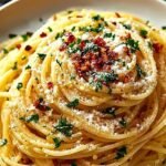 A plate of golden spaghetti aglio e olio topped with fresh parsley and garlic slivers