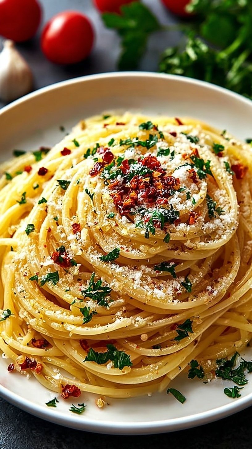 A plate of golden spaghetti aglio e olio topped with fresh parsley and garlic slivers